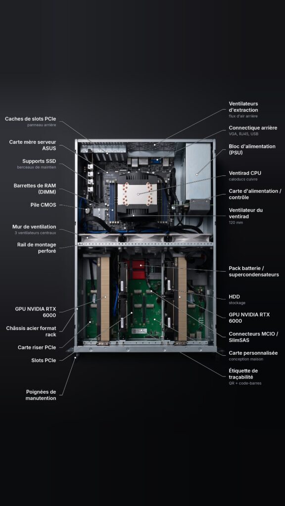 Composants annotés d'un serveur GPU : GPU NVIDIA, CPU AMD EPYC, RAM et stockage