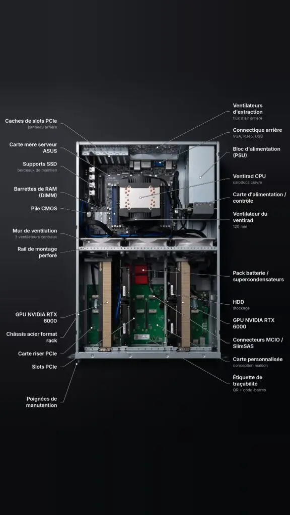 Composants annotés d'un serveur GPU : GPU NVIDIA, CPU AMD EPYC, RAM et stockage